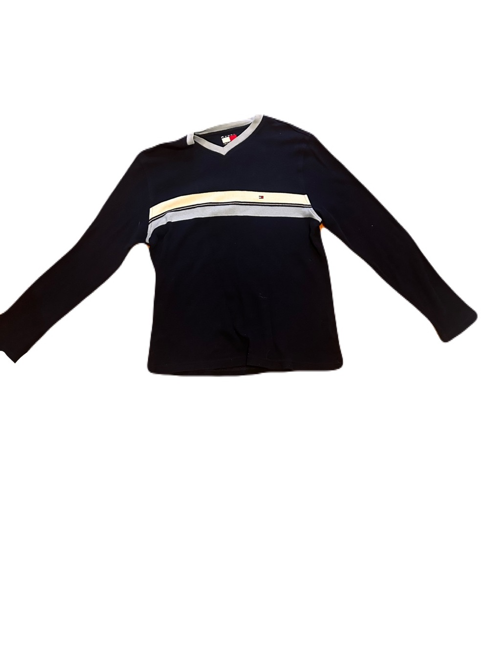 Tommy Hilfiger Navy Long-Sleeve V-Neck with Cream & Gray Chest Stripes